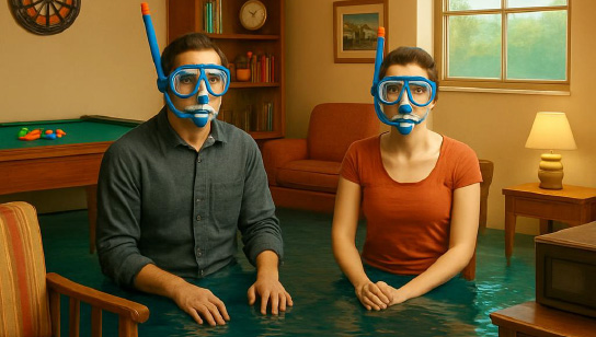 AI image of a couple in a flooded basement wearing snorkels